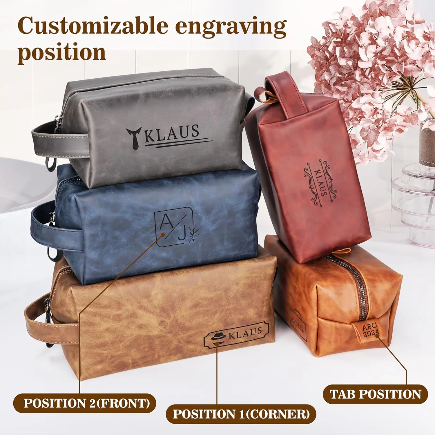 Personalized Leather Toiletry Bag for Men,Personalized with Laser Engraved Monogram,Premium Leather Dopp Kit,Travel Toiletry Bag – Gift for Men（Black M