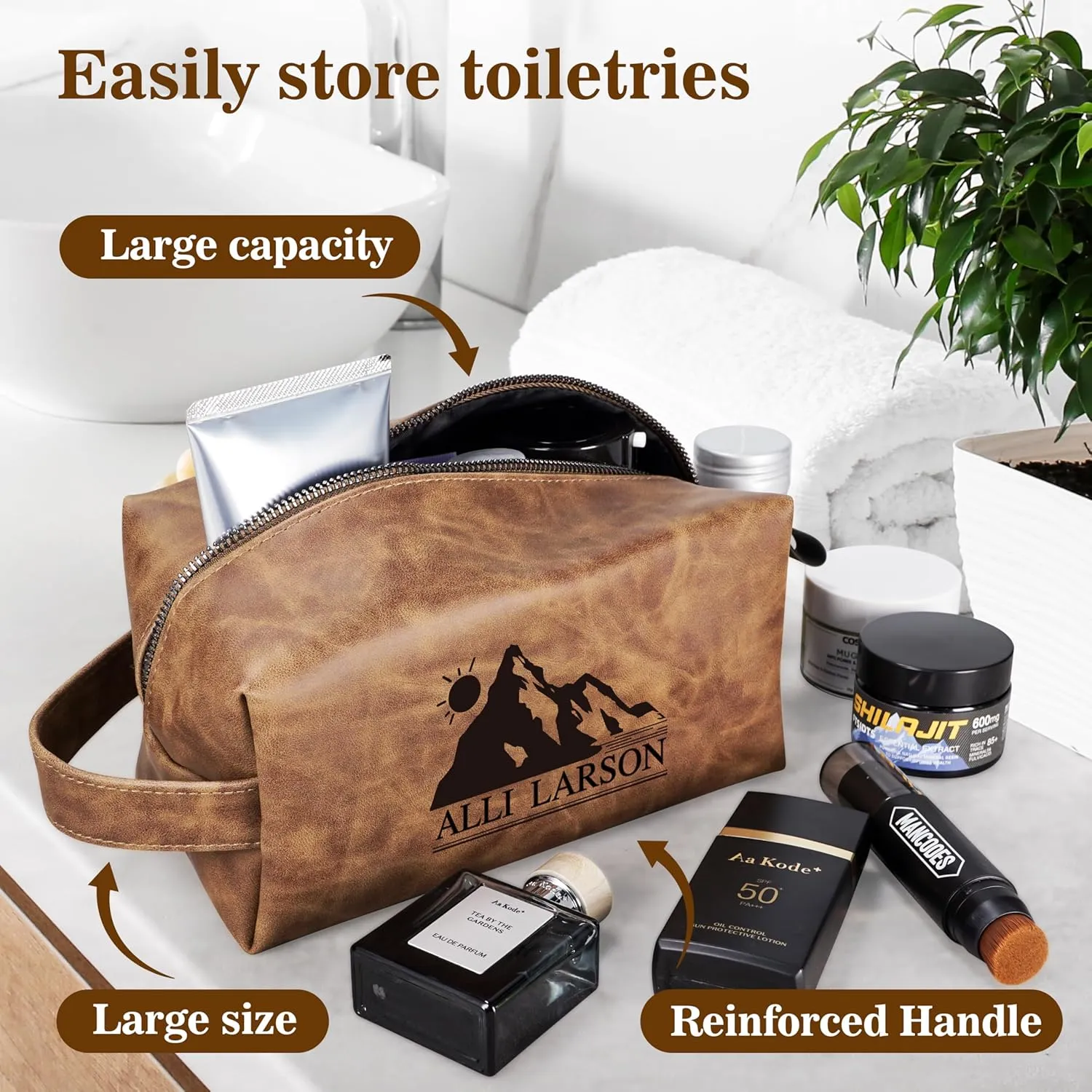 Personalized Leather Toiletry Bag for Men,Personalized with Laser Engraved Monogram,Premium Leather Dopp Kit,Travel Toiletry Bag – Gift for Men（Black M