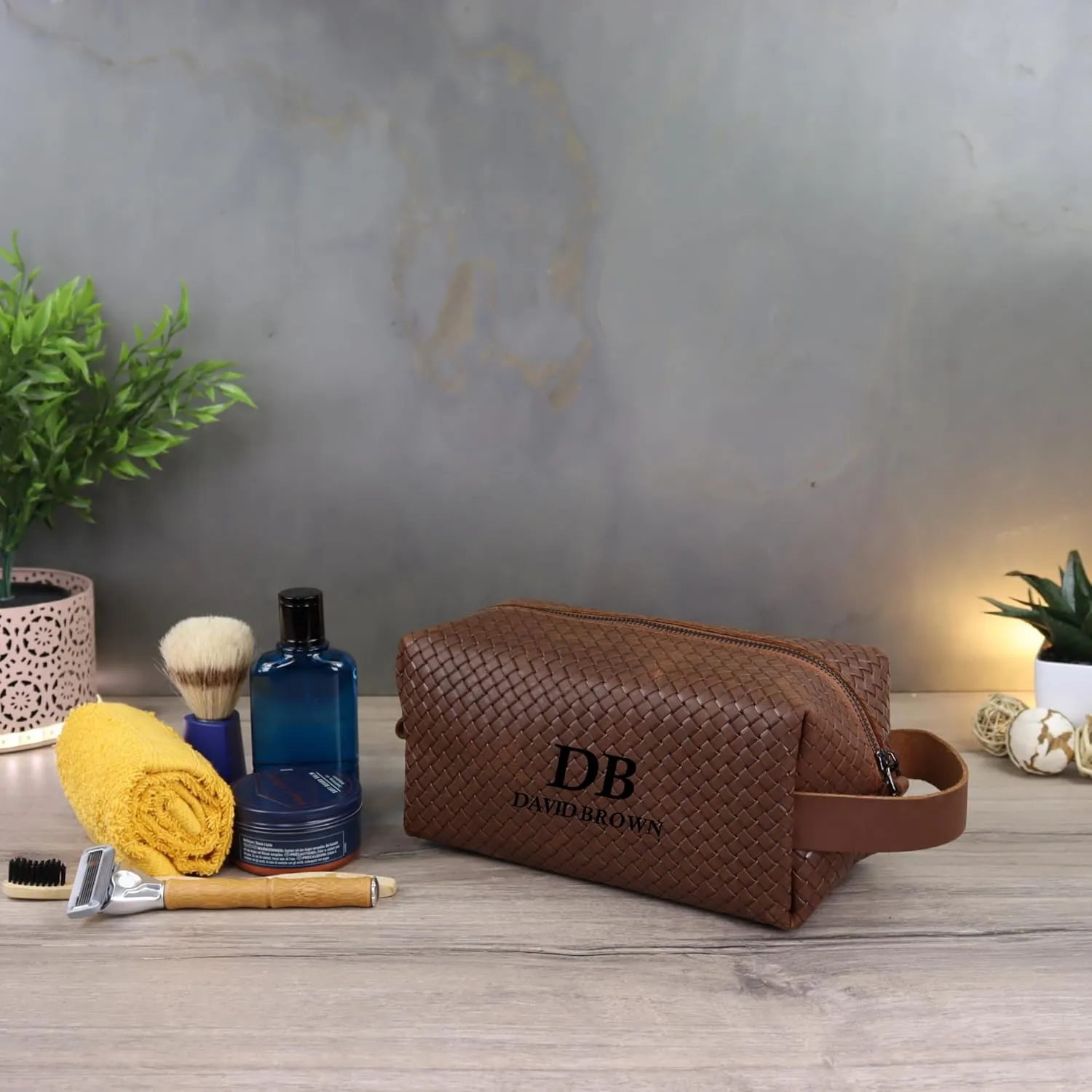 Personalized Premium Genuine Leather Dopp Kit for Men - Handcrafted Toiletry Travel Bag with Monogram Option - Gift for Groomsmen, Father's Day, Anniversary, Wedding Gift for Groomsmen (Hazelnut-2)