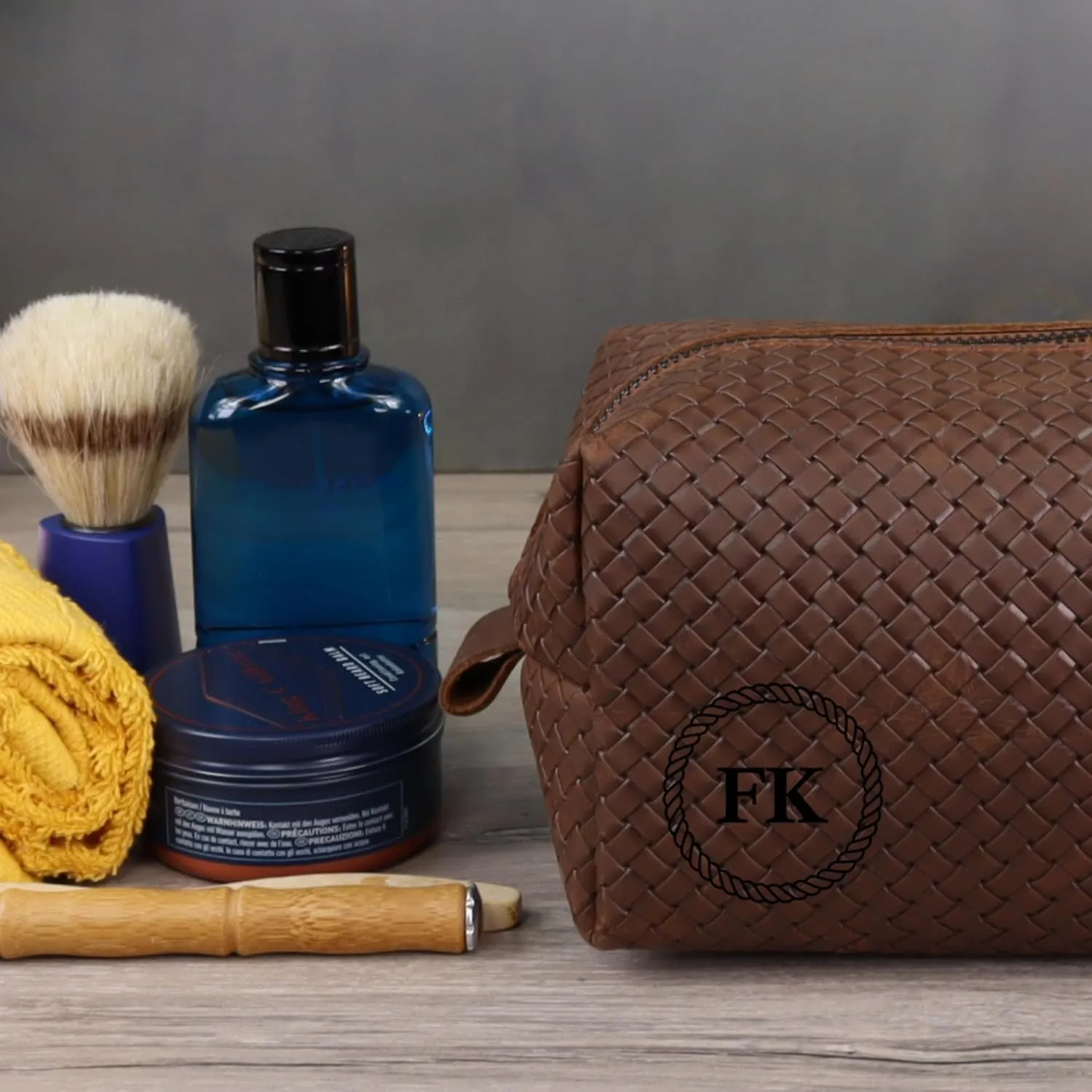 Personalized Premium Genuine Leather Dopp Kit for Men - Handcrafted Toiletry Travel Bag with Monogram Option - Gift for Groomsmen, Father's Day, Anniversary, Wedding Gift for Groomsmen (Hazelnut-2)