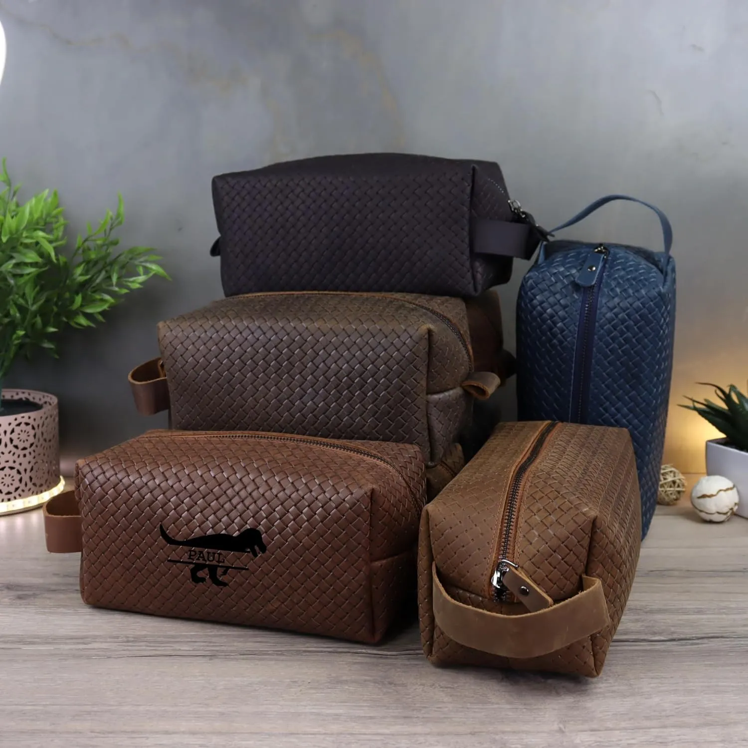Personalized Premium Genuine Leather Dopp Kit for Men - Handcrafted Toiletry Travel Bag with Monogram Option - Gift for Groomsmen, Father's Day, Anniversary, Wedding Gift for Groomsmen (Hazelnut-2)