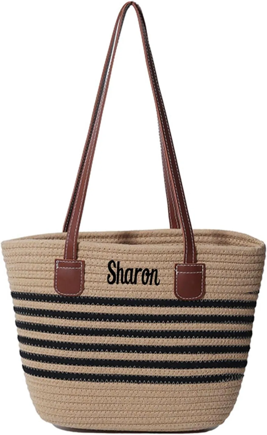 Personalized Straw Tote Bag for Women | Custom Embroidery Beach Bag, Large Woven Handmade Summer Travel Tote