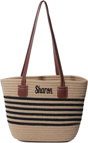 Personalized Straw Tote Bag for Women | Custom Embroidery Beach Bag, Large Woven Handmade Summer Travel Tote