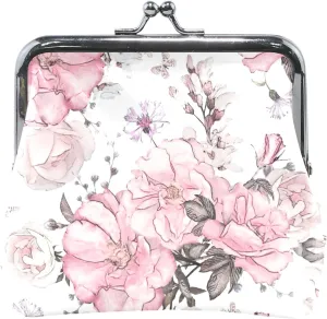 Personalized Women's Cute Coin Purse Leather Cool Floral Pink Kiss Lock Buckle Card Change Purse Wallet