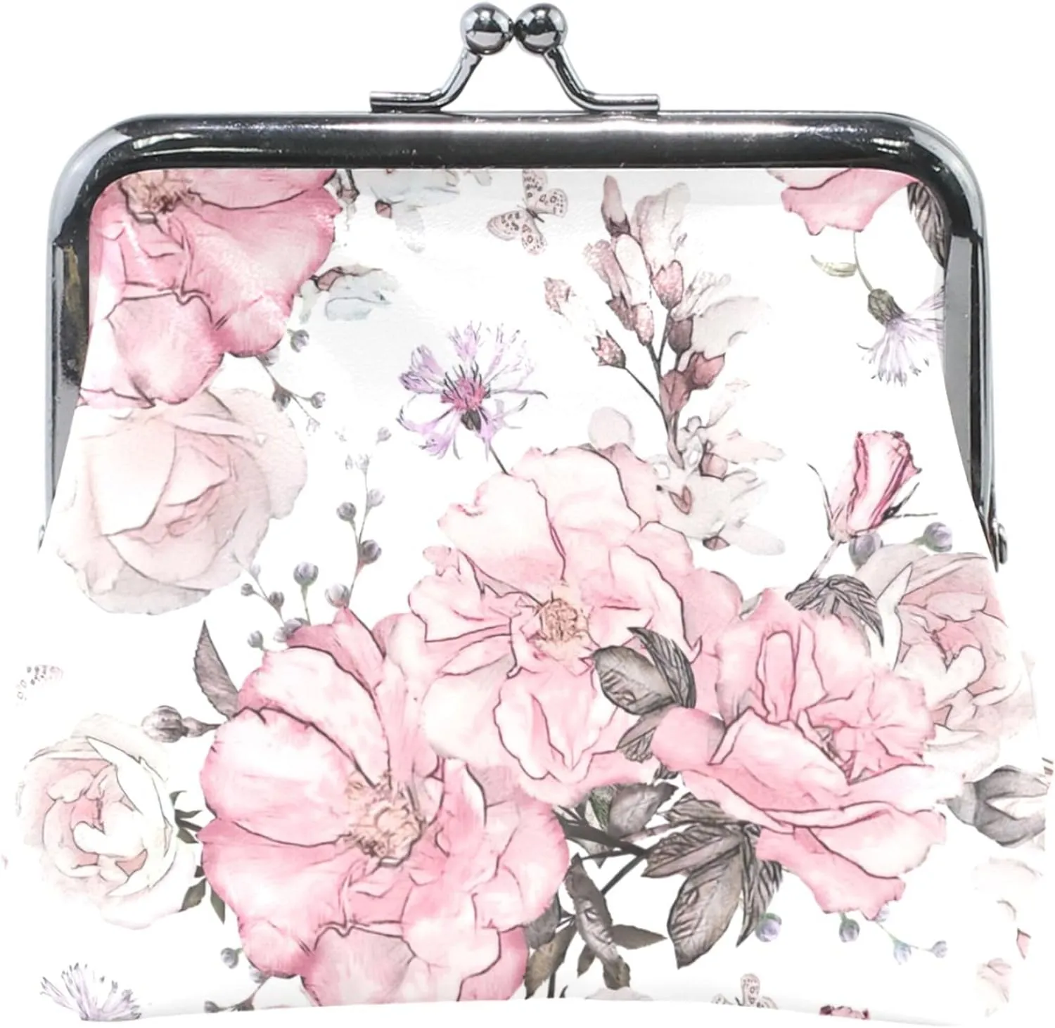 Personalized Women's Cute Coin Purse Leather Cool Floral Pink Kiss Lock Buckle Card Change Purse Wallet