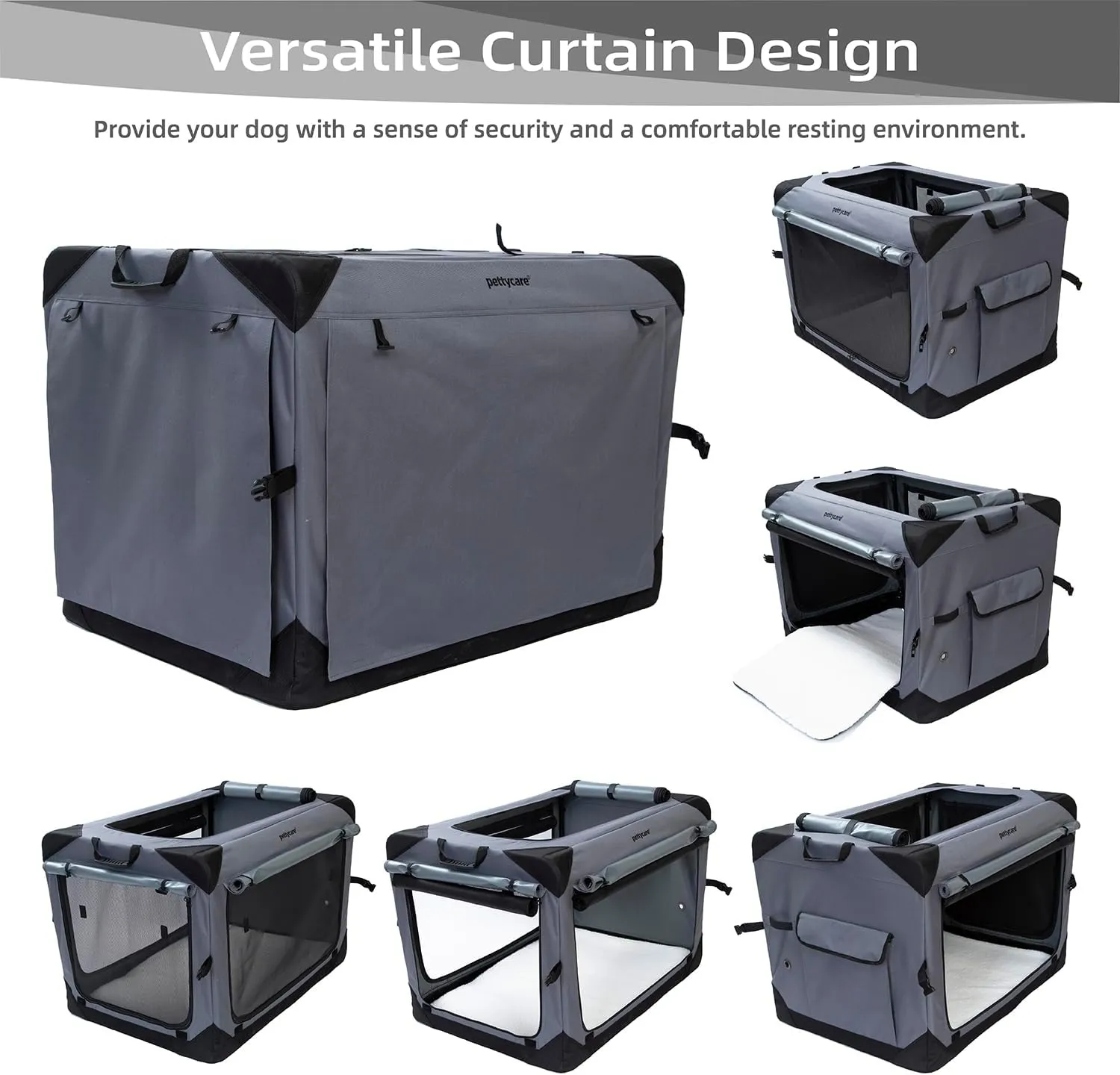 Pettycare 42 Inch Collapsible Dog Crate with Curtains Travel Dog Crate for Airflow and Calm Soft Pet Kennel with Portable Bag and More Chew Proof Mesh Indoor & Outdoor Grey 4 Door Curtains