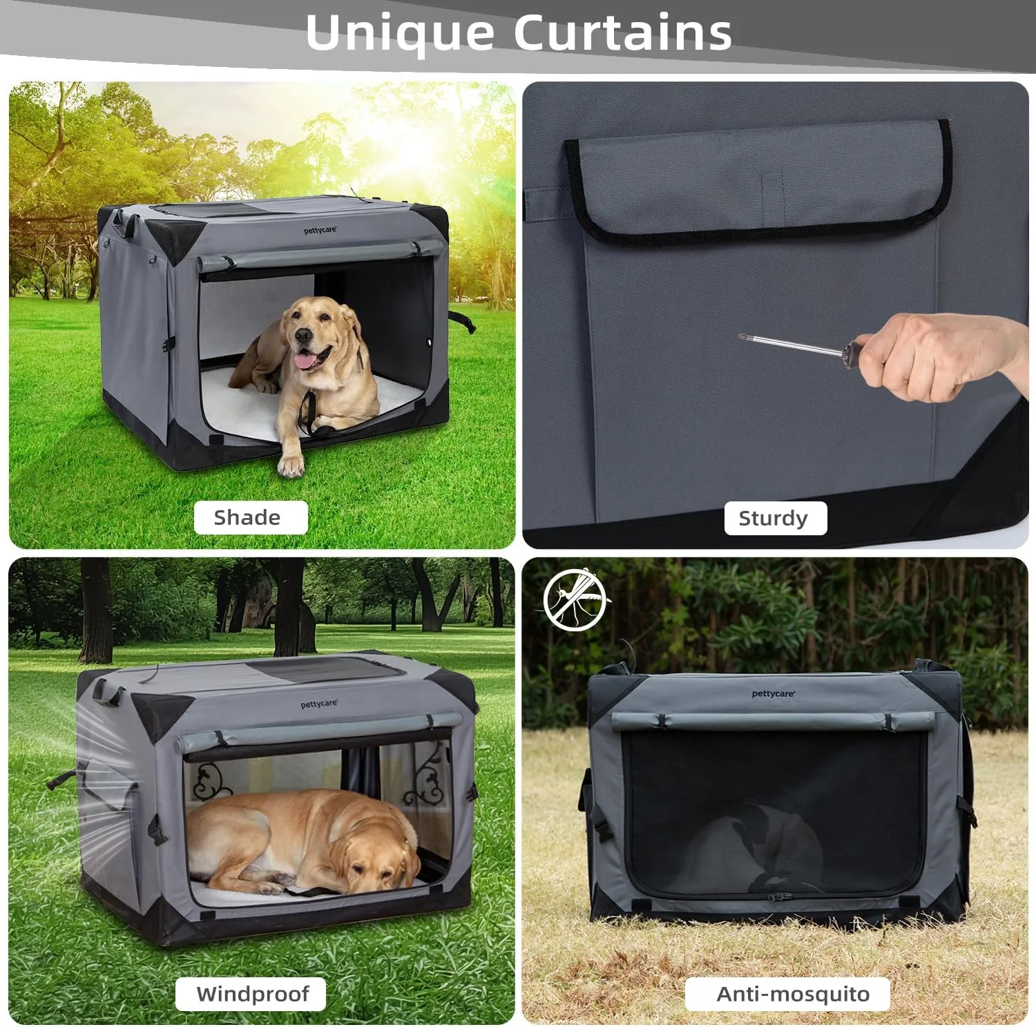 Pettycare 42 Inch Collapsible Dog Crate with Curtains Travel Dog Crate for Airflow and Calm Soft Pet Kennel with Portable Bag and More Chew Proof Mesh Indoor & Outdoor Grey 4 Door Curtains