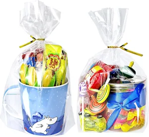 PigPotParty 8"x 11",100Pcs Bottom Gusset Bags, Clear Cello Cellophane Plastic Treat Goodie Bags with 100x Twist Ties, Party Favor Packaging, Return Gift Mug Toy Wrapping (No Side Gusset)