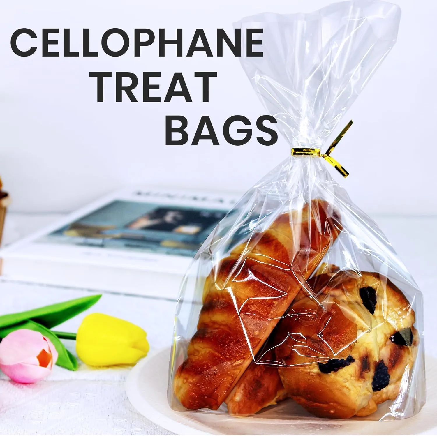 PigPotParty 8"x 11",100Pcs Bottom Gusset Bags, Clear Cello Cellophane Plastic Treat Goodie Bags with 100x Twist Ties, Party Favor Packaging, Return Gift Mug Toy Wrapping (No Side Gusset)