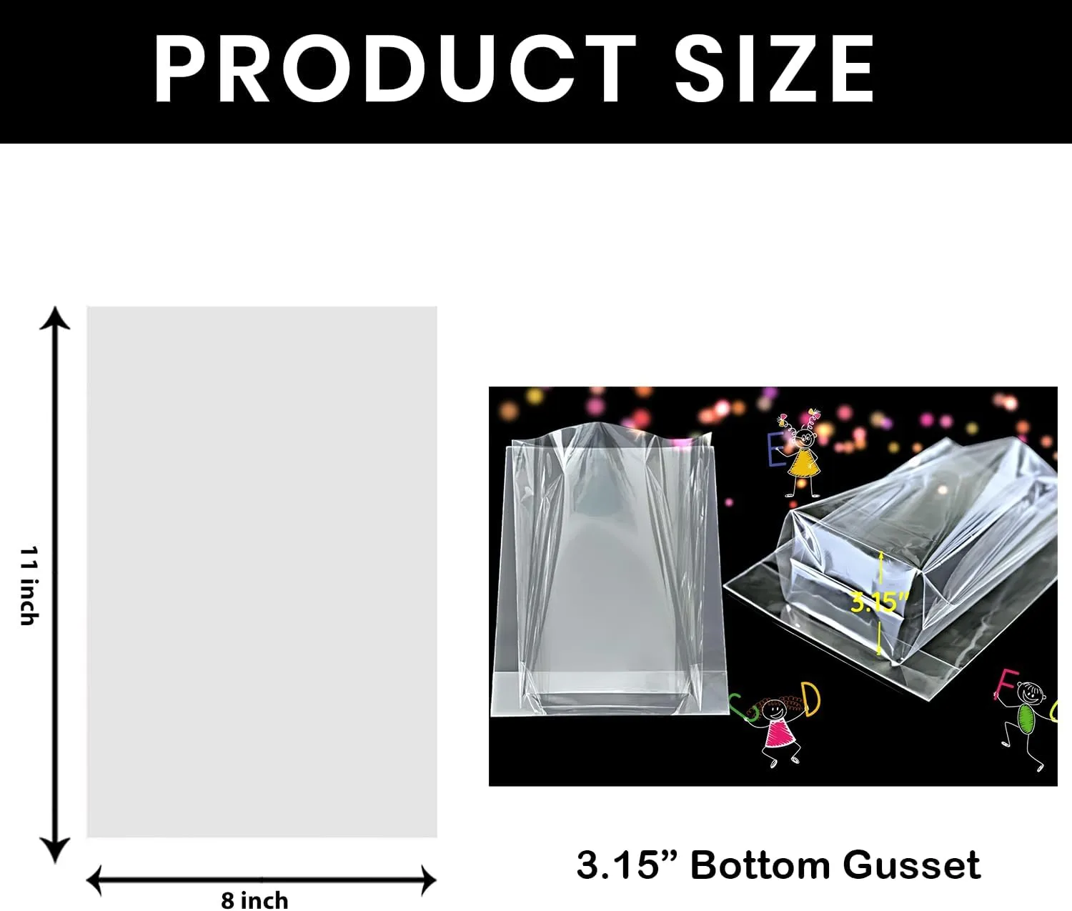 PigPotParty 8"x 11",100Pcs Bottom Gusset Bags, Clear Cello Cellophane Plastic Treat Goodie Bags with 100x Twist Ties, Party Favor Packaging, Return Gift Mug Toy Wrapping (No Side Gusset)