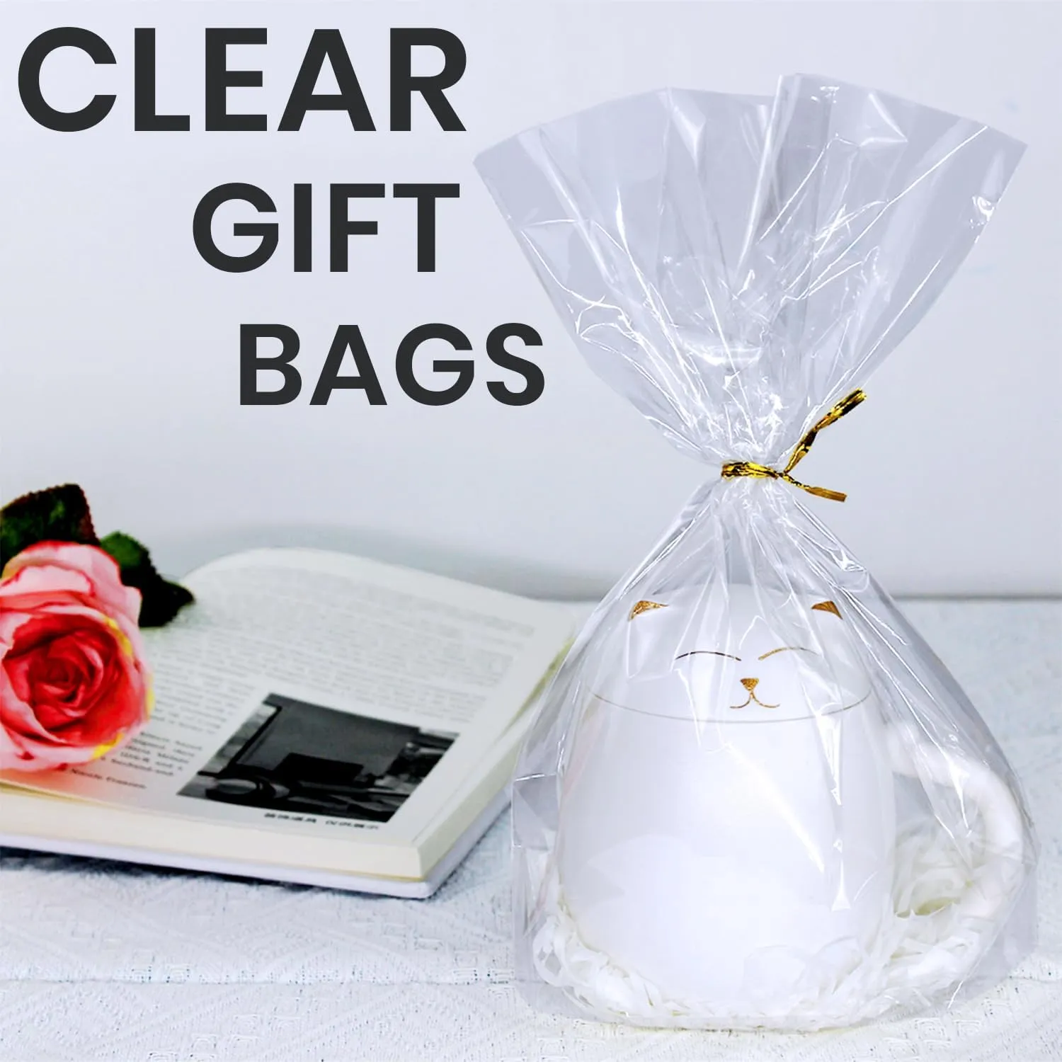 PigPotParty 8"x 11",100Pcs Bottom Gusset Bags, Clear Cello Cellophane Plastic Treat Goodie Bags with 100x Twist Ties, Party Favor Packaging, Return Gift Mug Toy Wrapping (No Side Gusset)
