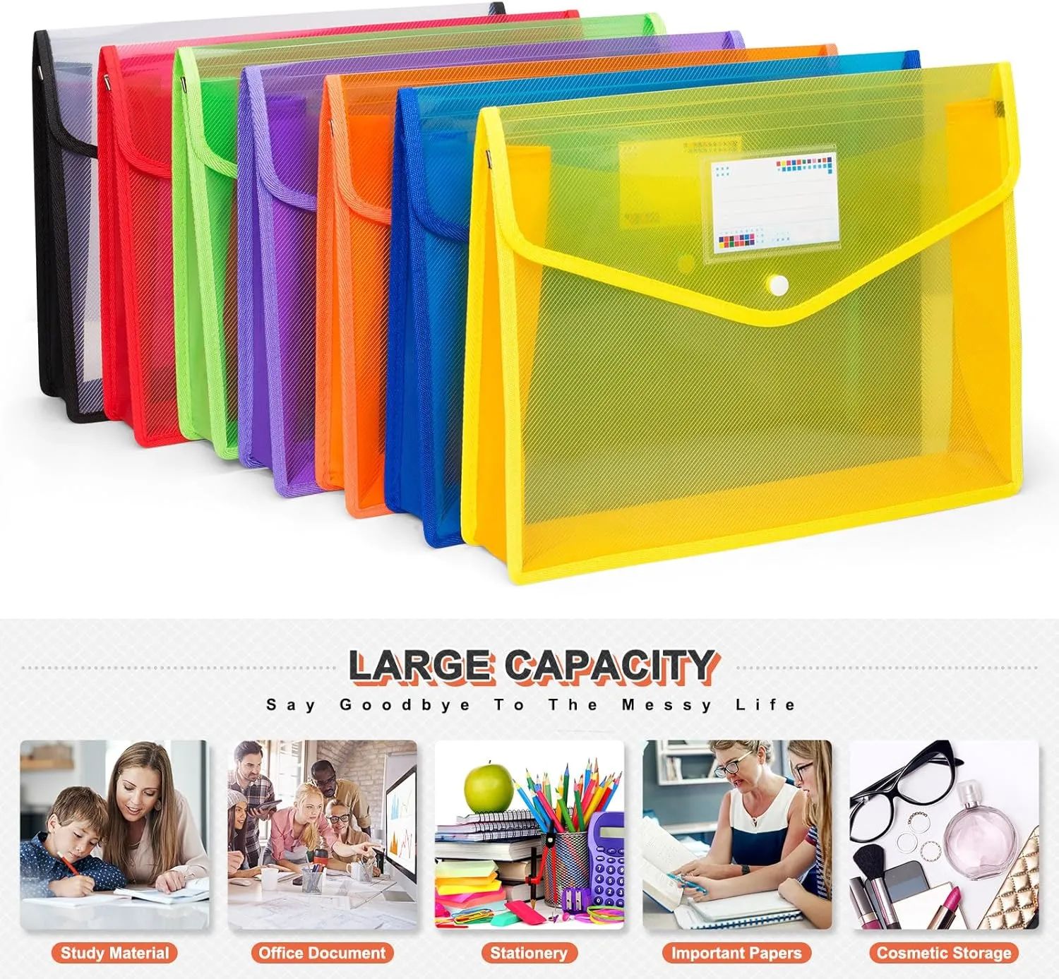 Plastic File Folders, Waterproof Transparent Expandable File Organiser - Portable Large Capacity A4B4 File Wallet for Office/Business/School (7 Pack)