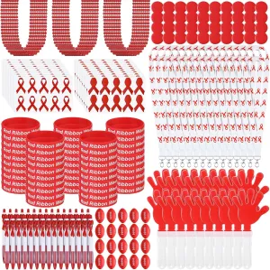 Poen 520 Pcs Red Ribbon Awareness Supplies Include 300 Ribbon Week Sticker 20 Hand Clapper 20 Football 50 Wristband 30 Neck Lanyard 40 Button 30 Pen 30 String for Party Favors