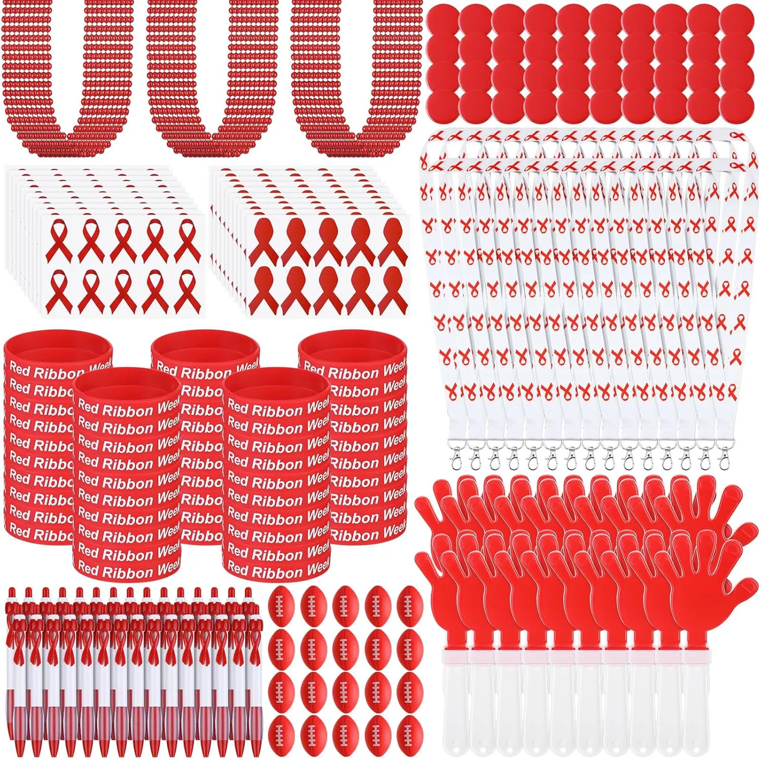Poen 520 Pcs Red Ribbon Awareness Supplies Include 300 Ribbon Week Sticker 20 Hand Clapper 20 Football 50 Wristband 30 Neck Lanyard 40 Button 30 Pen 30 String for Party Favors