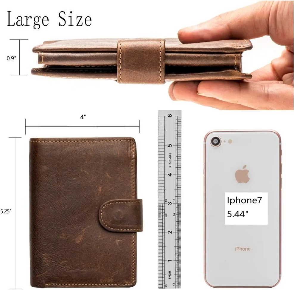 POKOFO Large RFID Genuine Leather Card Holder Trifold Wallet Snap Closure 3 ID Windows for men