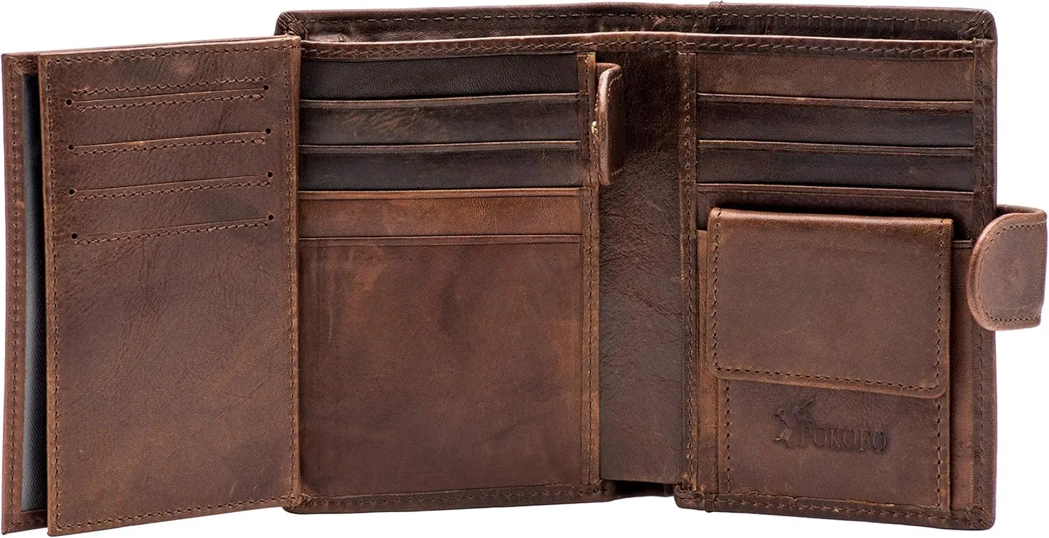 POKOFO Large RFID Genuine Leather Card Holder Trifold Wallet Snap Closure 3 ID Windows for men
