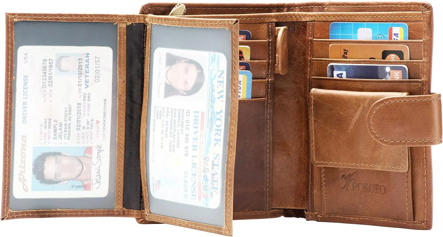 POKOFO Large RFID Genuine Leather Card Holder Trifold Wallet Snap Closure 3 ID Windows for men