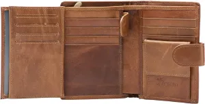 POKOFO Large RFID Genuine Leather Card Holder Trifold Wallet Snap Closure 3 ID Windows for men