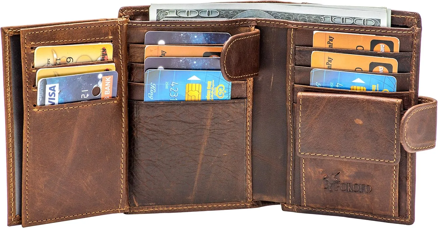 POKOFO Large RFID Genuine Leather Card Holder Trifold Wallet Snap Closure 3 ID Windows for men