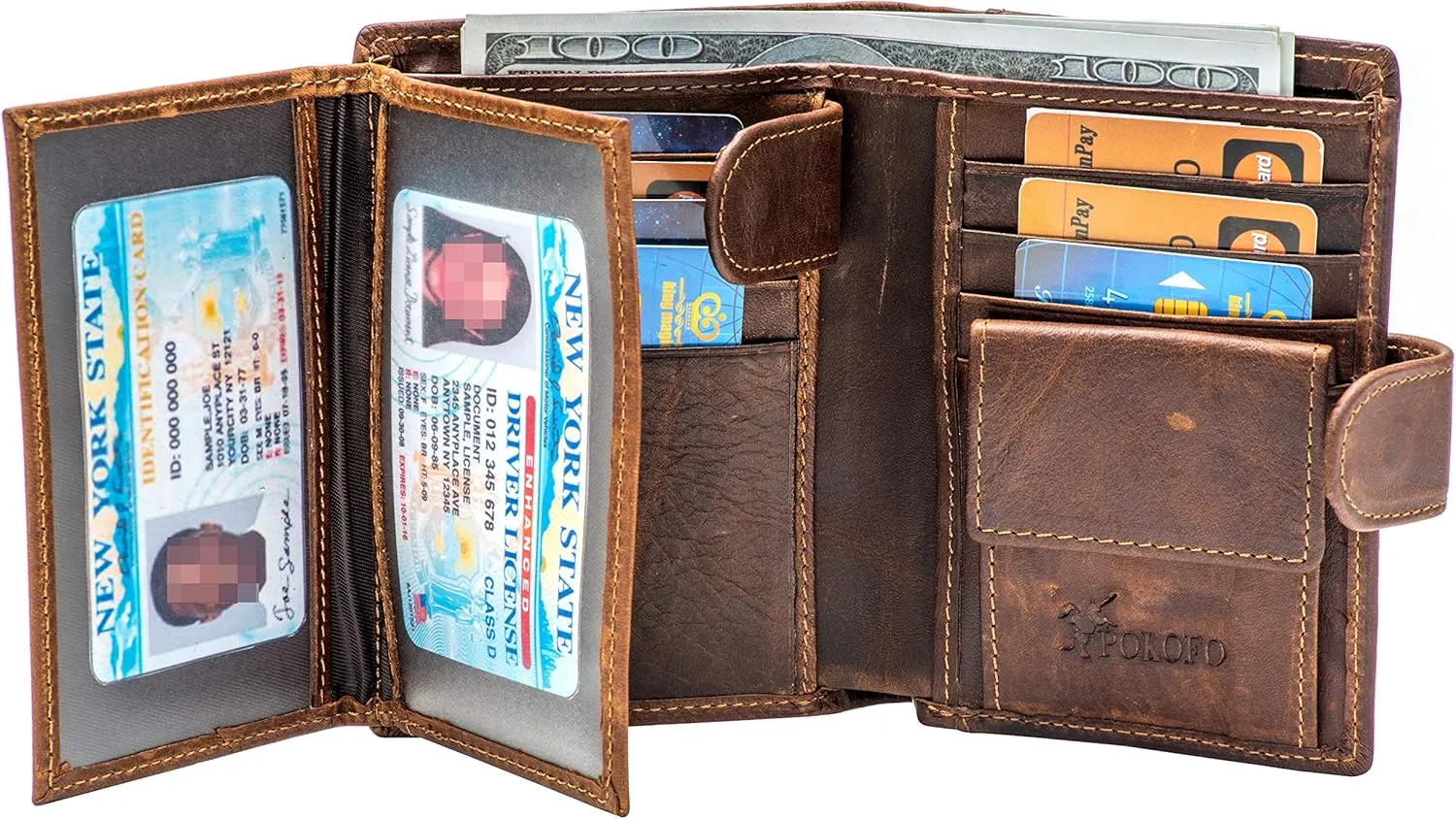 POKOFO Large RFID Genuine Leather Card Holder Trifold Wallet Snap Closure 3 ID Windows for men