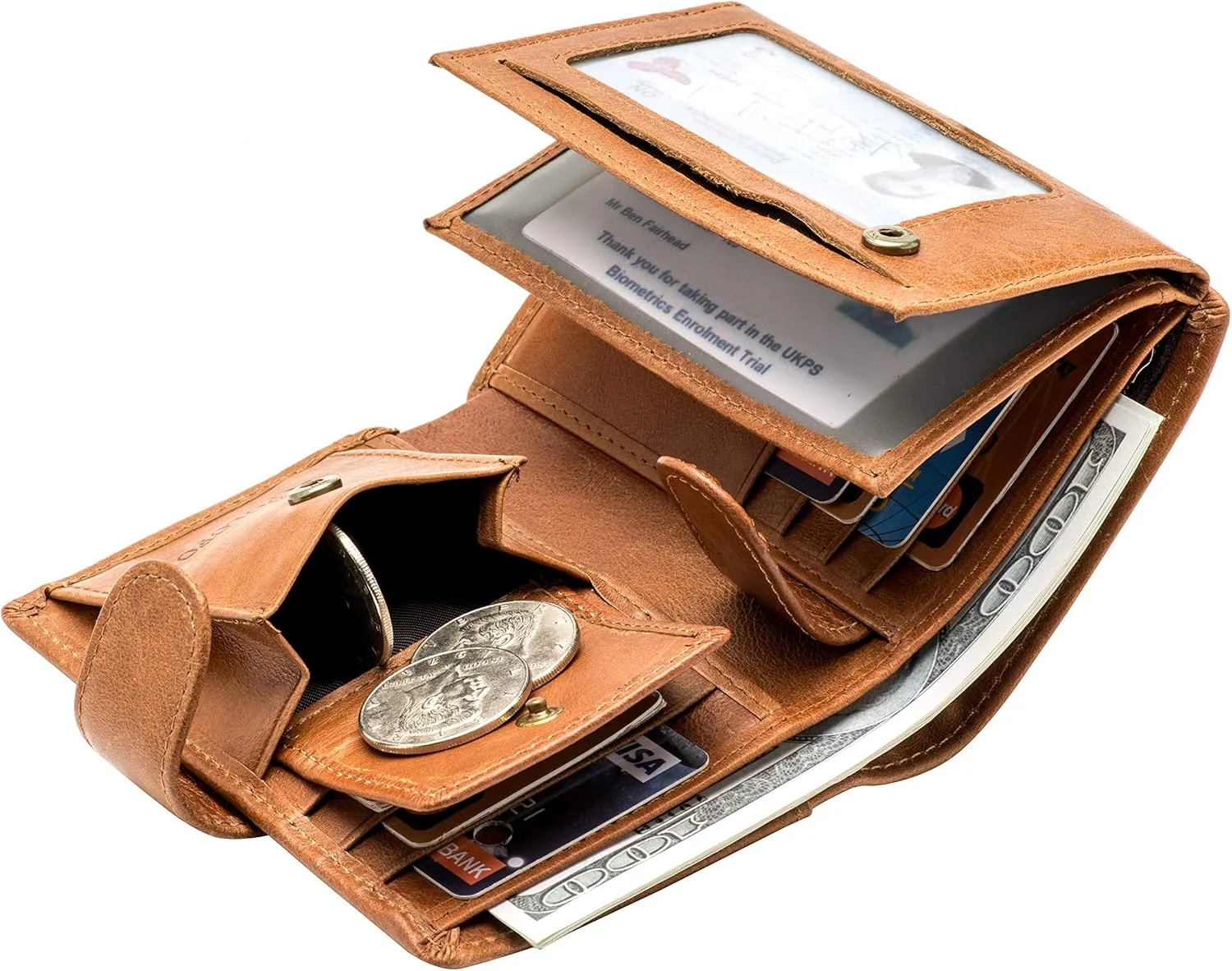POKOFO Large RFID Genuine Leather Card Holder Trifold Wallet Snap Closure 3 ID Windows for men