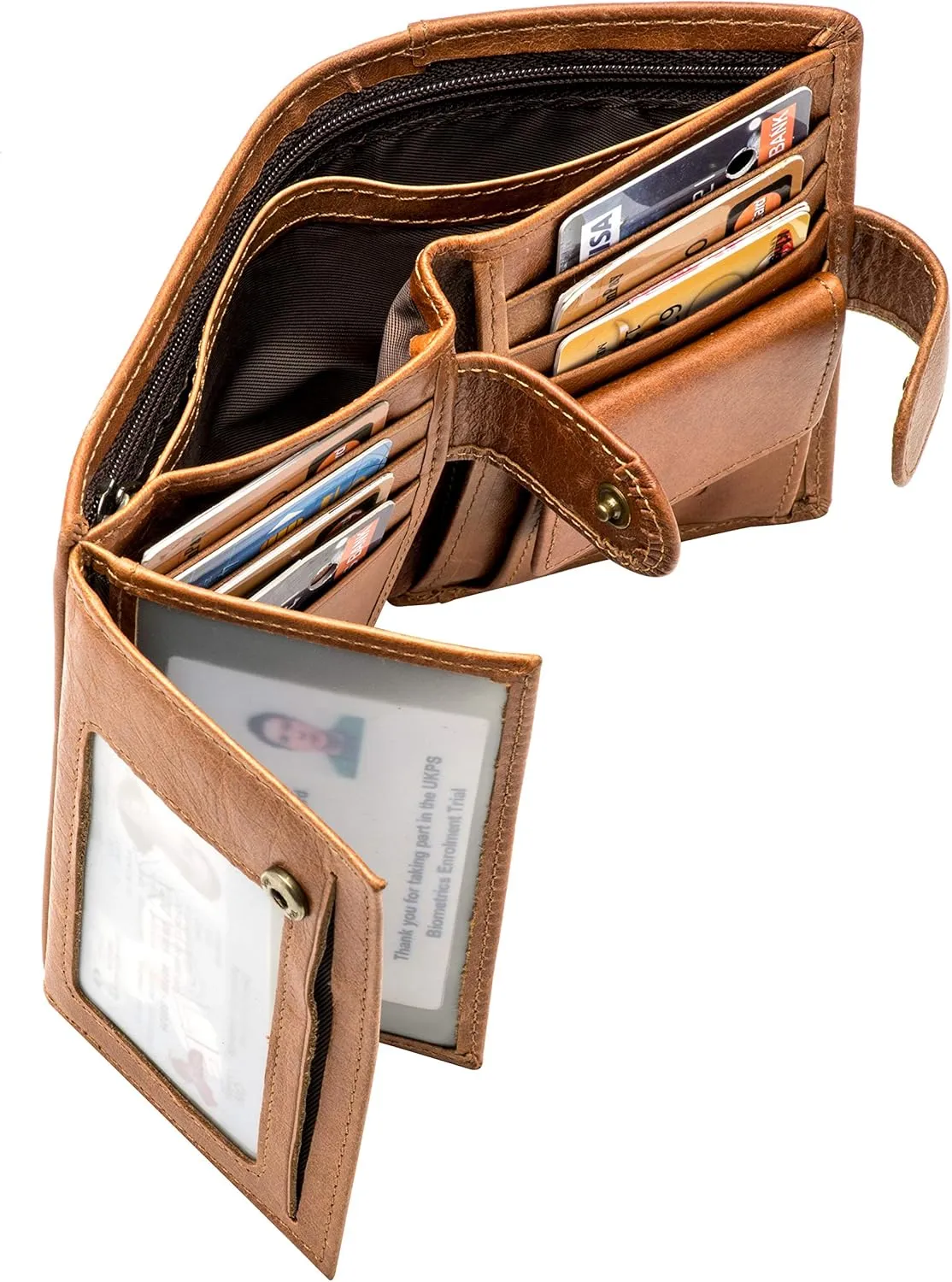 POKOFO Large RFID Genuine Leather Card Holder Trifold Wallet Snap Closure 3 ID Windows for men