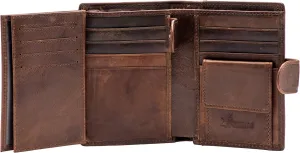 POKOFO Large RFID Genuine Leather Card Holder Trifold Wallet Snap Closure 3 ID Windows for men