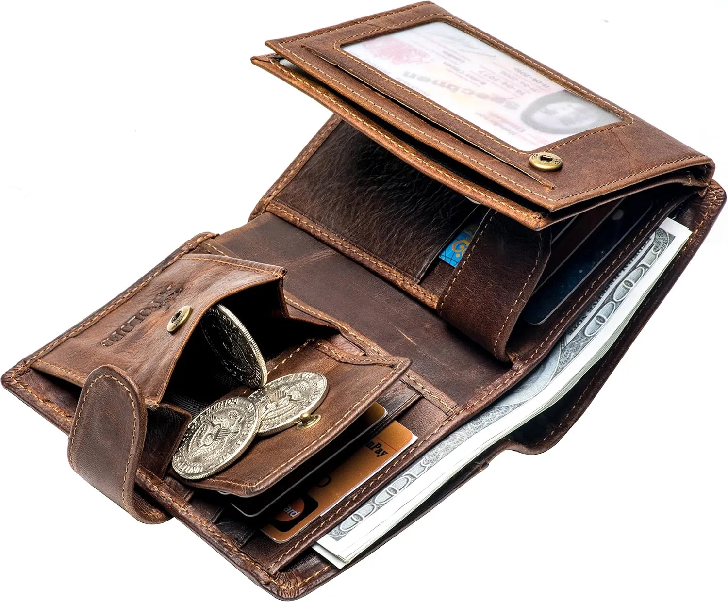 POKOFO Large RFID Genuine Leather Card Holder Trifold Wallet Snap Closure 3 ID Windows for men