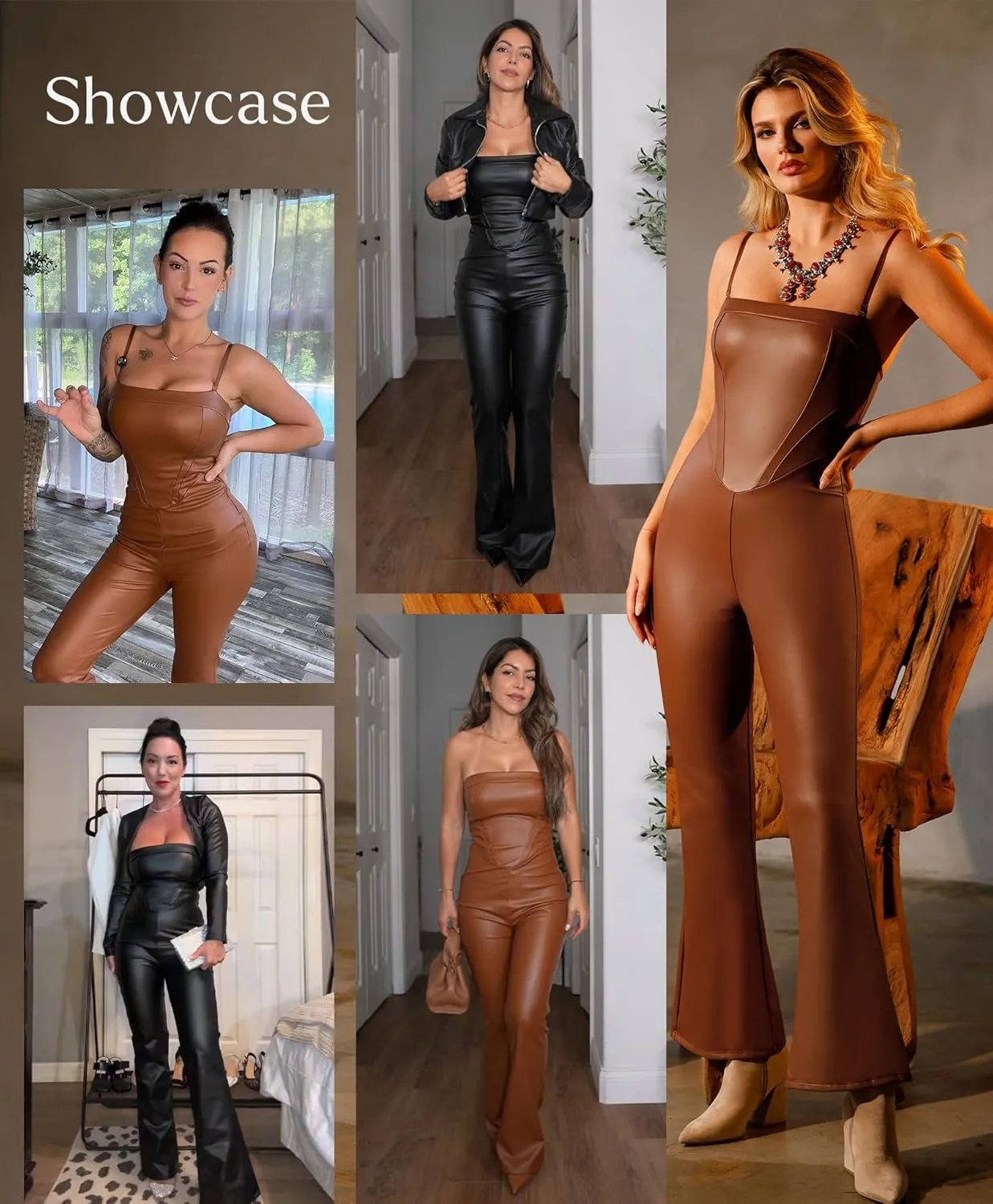Popilush Shapewear Faux Leather Corset Bodice Slimming Jumpsuit Wide Leg Jumpsuits for Women Dressy with Adjustable Strap