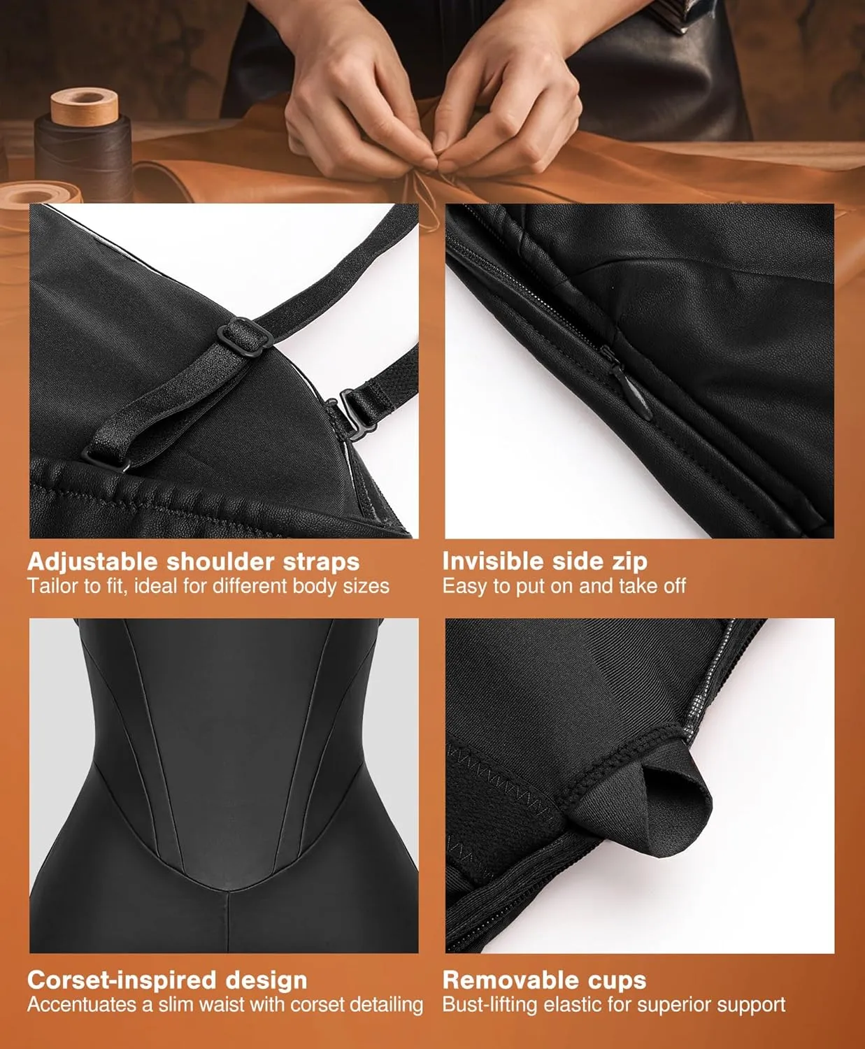 Popilush Shapewear Faux Leather Corset Bodice Slimming Jumpsuit Wide Leg Jumpsuits for Women Dressy with Adjustable Strap