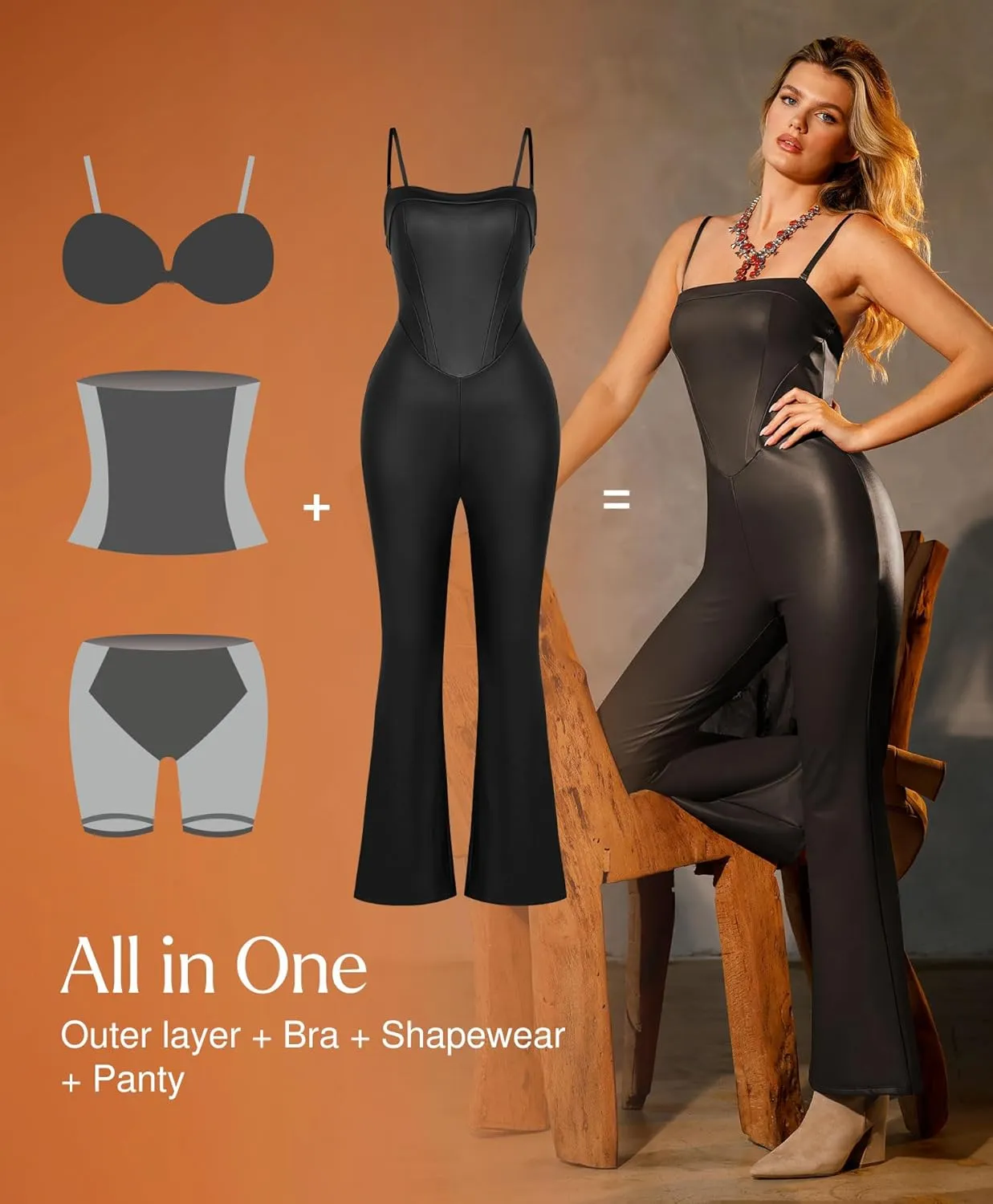 Popilush Shapewear Faux Leather Corset Bodice Slimming Jumpsuit Wide Leg Jumpsuits for Women Dressy with Adjustable Strap