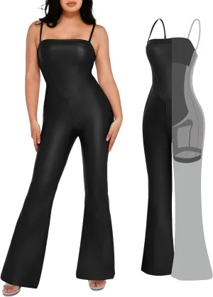 Popilush Shapewear Faux Leather Corset Bodice Slimming Jumpsuit Wide Leg Jumpsuits for Women Dressy with Adjustable Strap