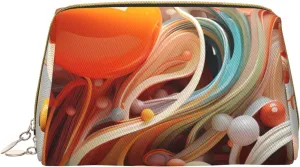 Portable Leather Makeup Bag for Women - Travel Cosmetic Organizer, Large 3d colorful swirls and balls Print Makeup Pouch