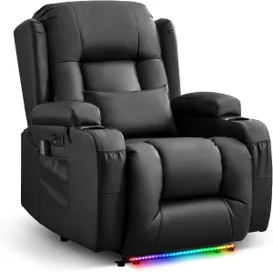 Power Recliner Chair for Adults, Electric Recliner Sofa with Vibrating Massage and Heat, Faux Leather Home Theater Seating with LED Ambient Light, Cup Holders, Side Pockets, USB Port, Black