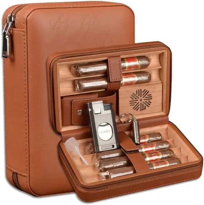 Premium Leather Cigar Travel Case, Cedar Wood Interior, 8 Cigar Holder with Cutter, Brown