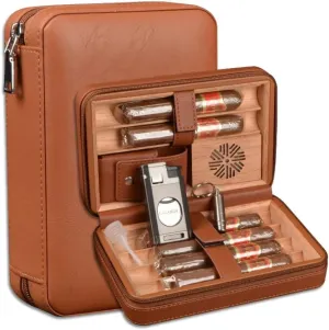 Premium Leather Cigar Travel Case, Cedar Wood Interior, 8 Cigar Holder with Cutter, Brown