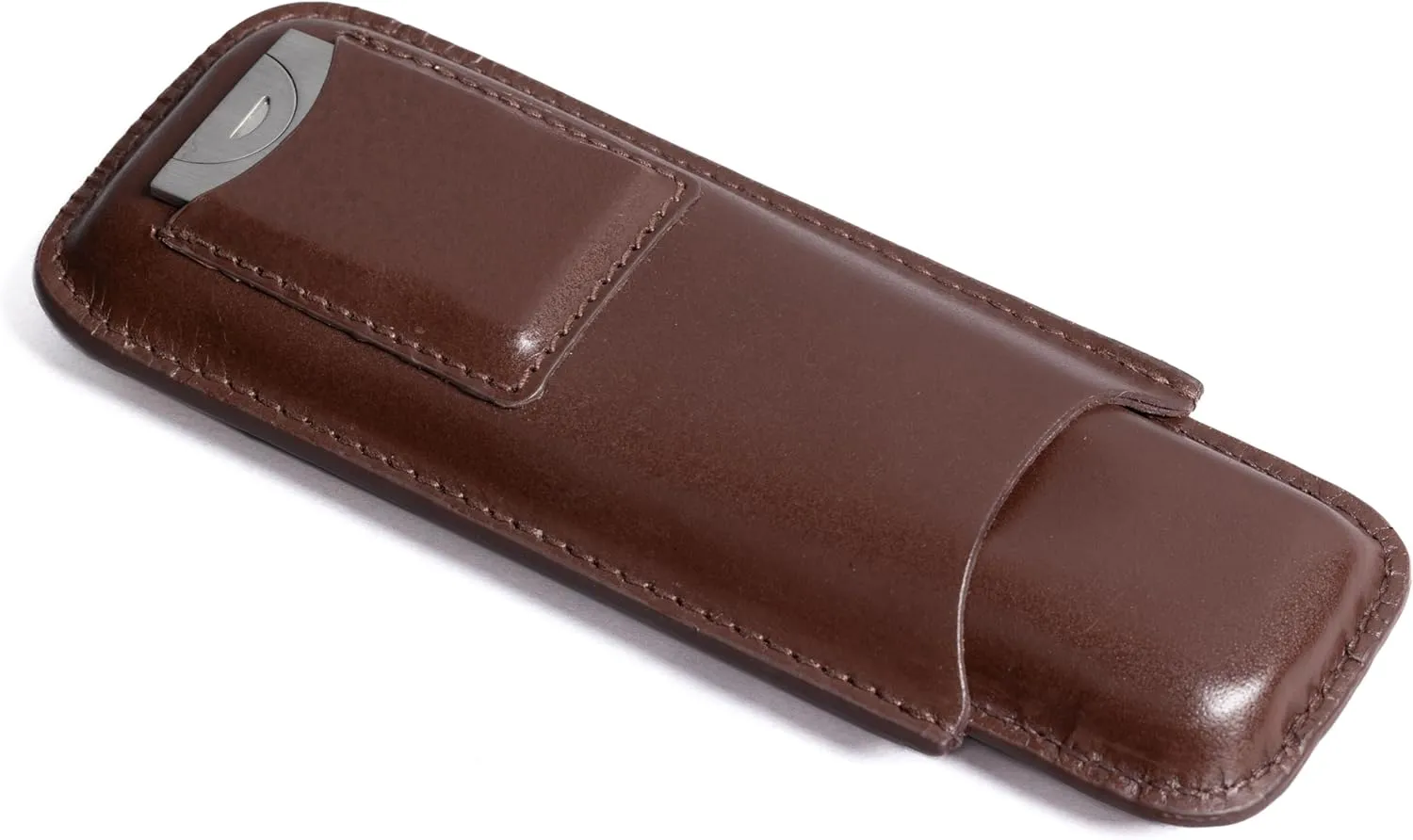 Prestige Import Group - Leather 2 Cigar Case with Stainless Guillotine Cutter - Color: Brown