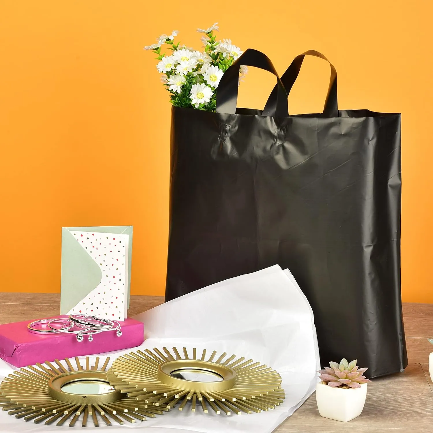 Prime Line Packaging Extra Large Black Plastic Shopping Bags with Handles for Small Business, Boutique, Retail, Heavy Duty, Reusable, 19.5x4x15 50 Pack