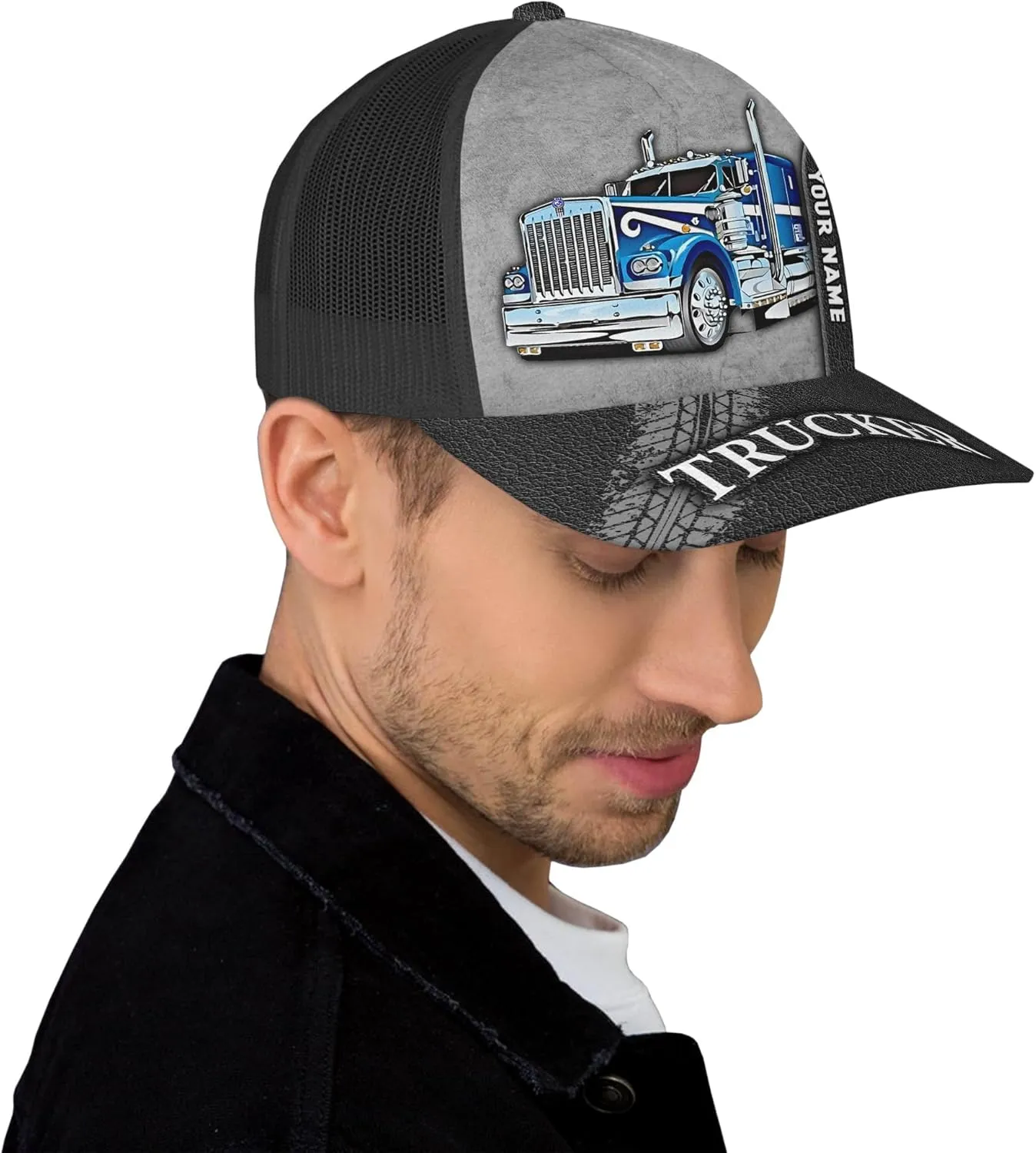 Printing Mesh Trucker Hat Customizable Semi Trailer and Metal Pattern Netback Caps with Name Trucker for Truck Driver
