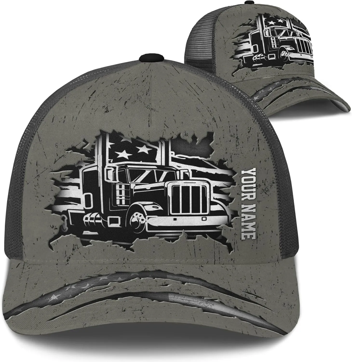 Printing Mesh Trucker Hat Customizable Semi Trailer and Metal Pattern Netback Caps with Name Trucker for Truck Driver