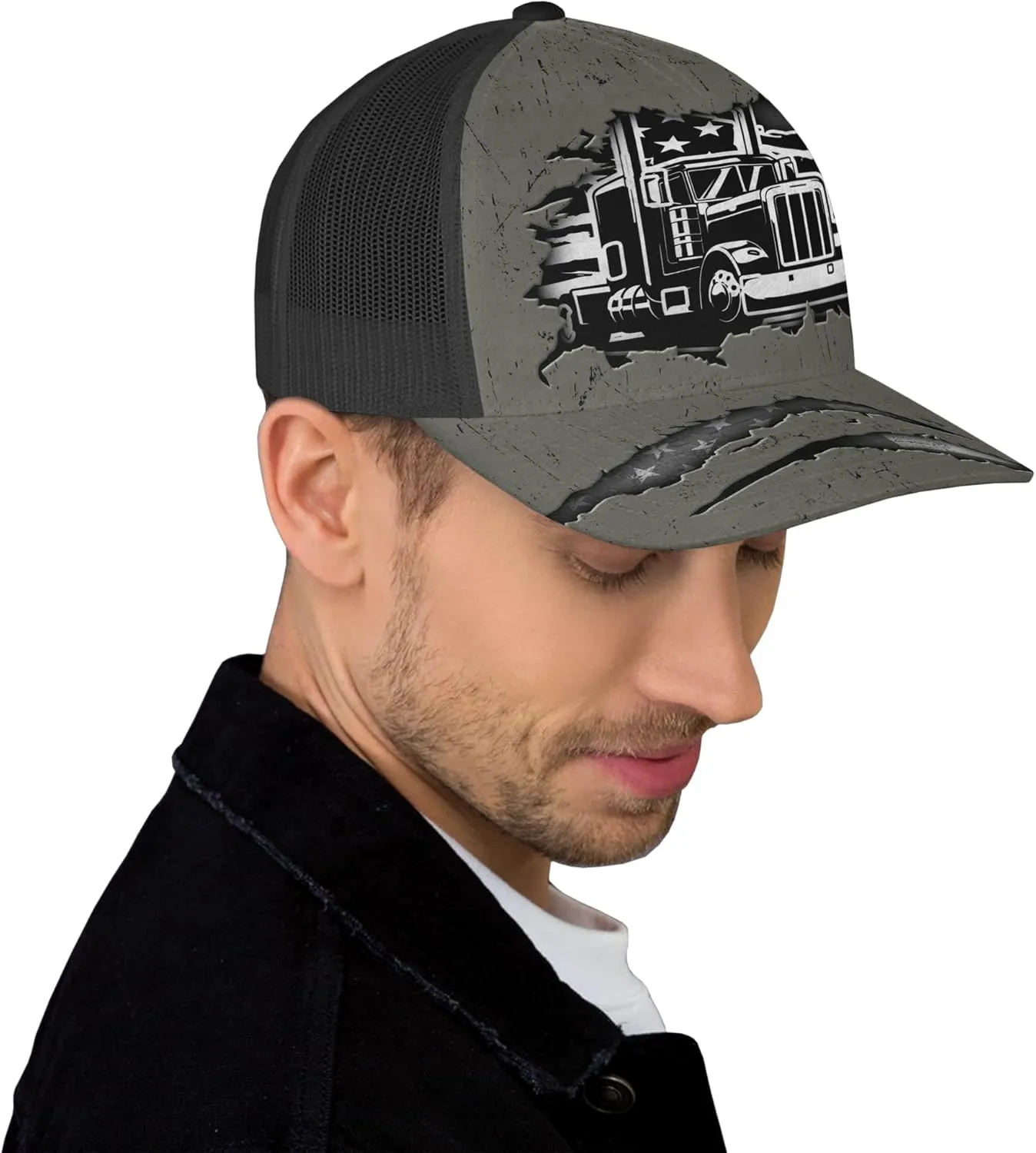 Printing Mesh Trucker Hat Customizable Semi Trailer and Metal Pattern Netback Caps with Name Trucker for Truck Driver
