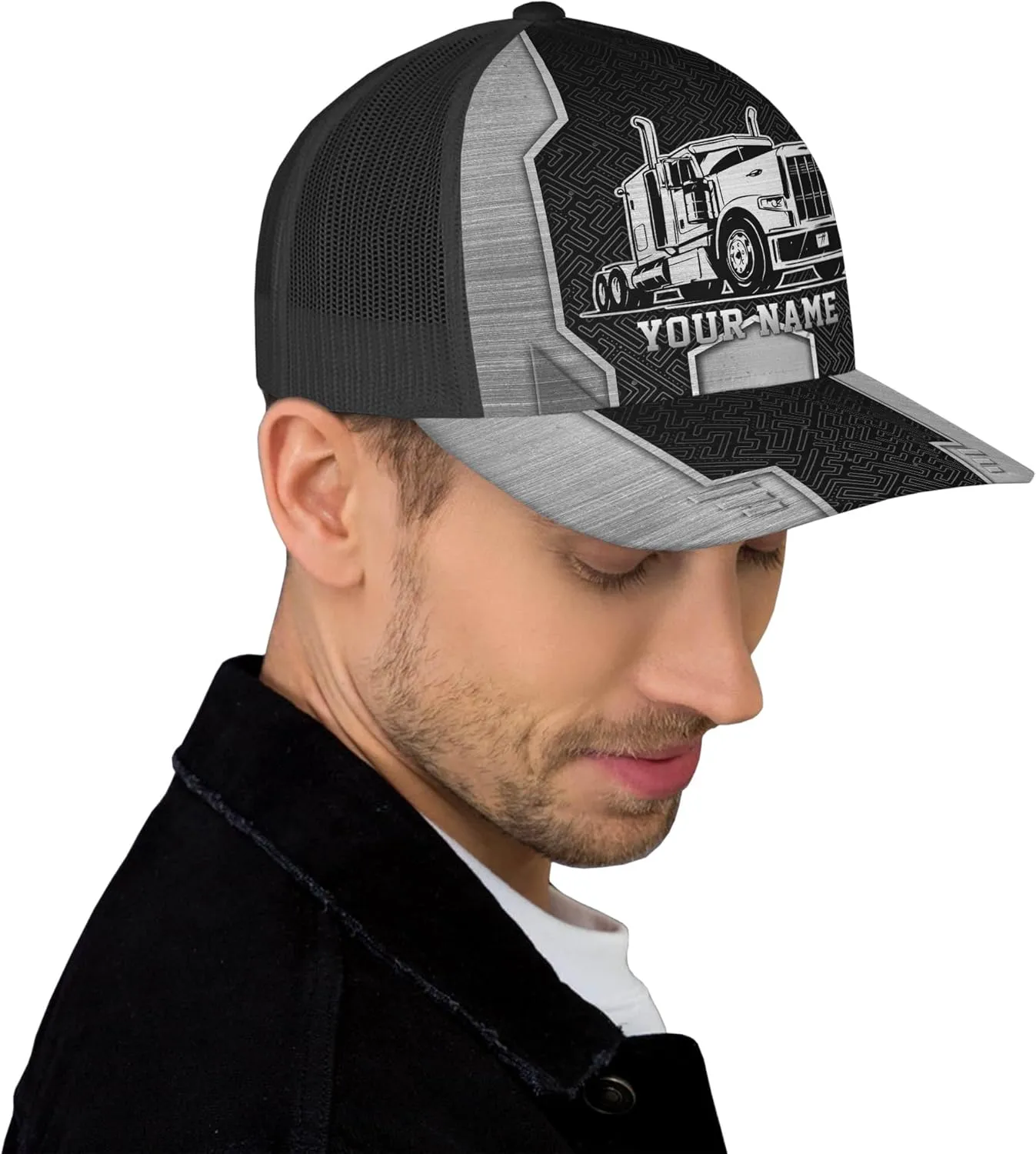 Printing Mesh Trucker Hat Customizable Semi Trailer and Metal Pattern Netback Caps with Name Trucker for Truck Driver