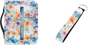 PU Leather Bible Cover Case for Women Colorful Flower Butterfly Cross Bible Bags with Keychain Makeup Organizer Bible Cover for Men Keychain 2 Pcs Set