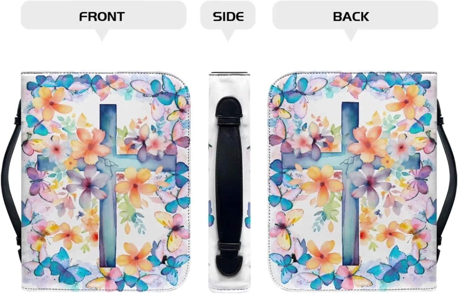 PU Leather Bible Cover Case for Women Colorful Flower Butterfly Cross Bible Bags with Keychain Makeup Organizer Bible Cover for Men Keychain 2 Pcs Set