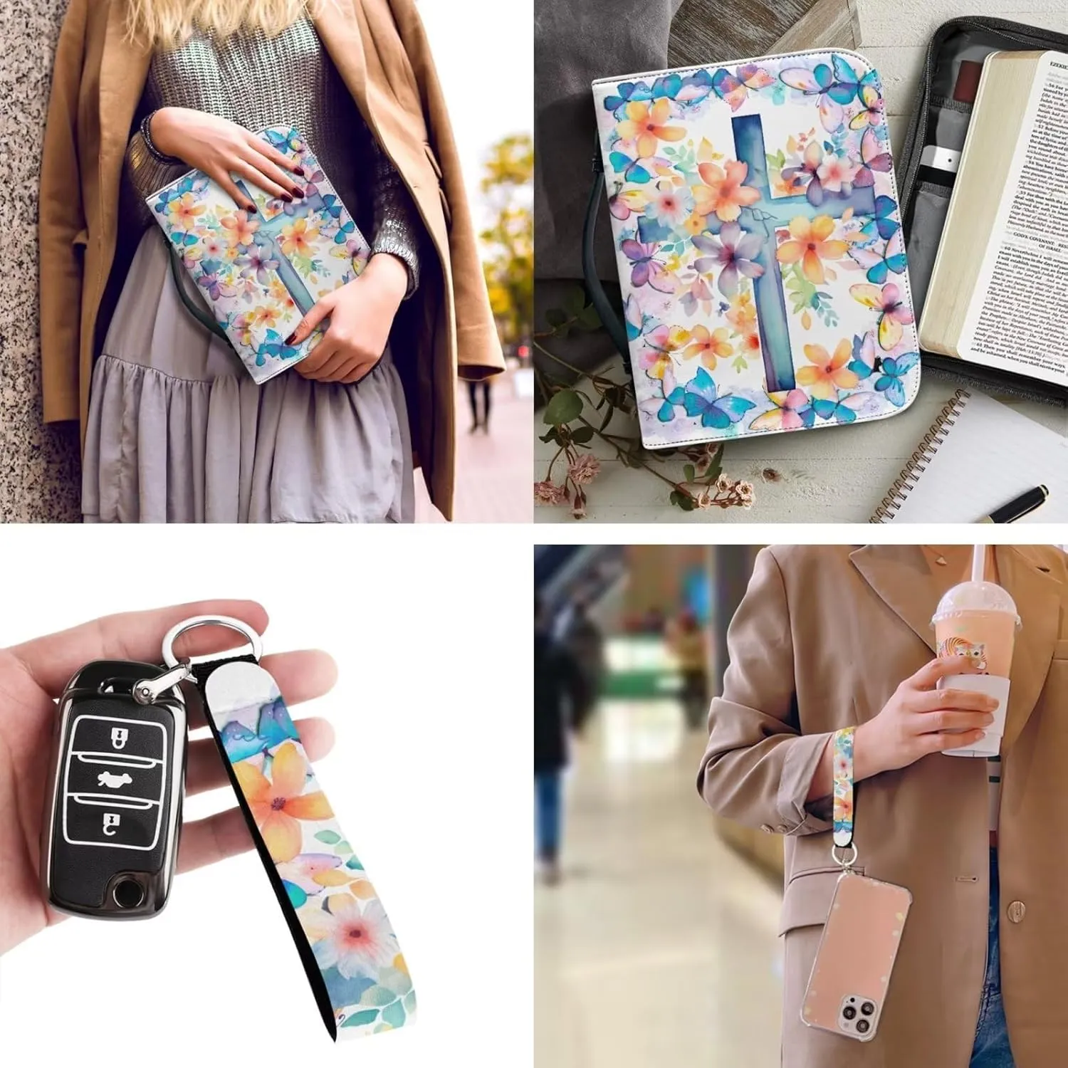 PU Leather Bible Cover Case for Women Colorful Flower Butterfly Cross Bible Bags with Keychain Makeup Organizer Bible Cover for Men Keychain 2 Pcs Set