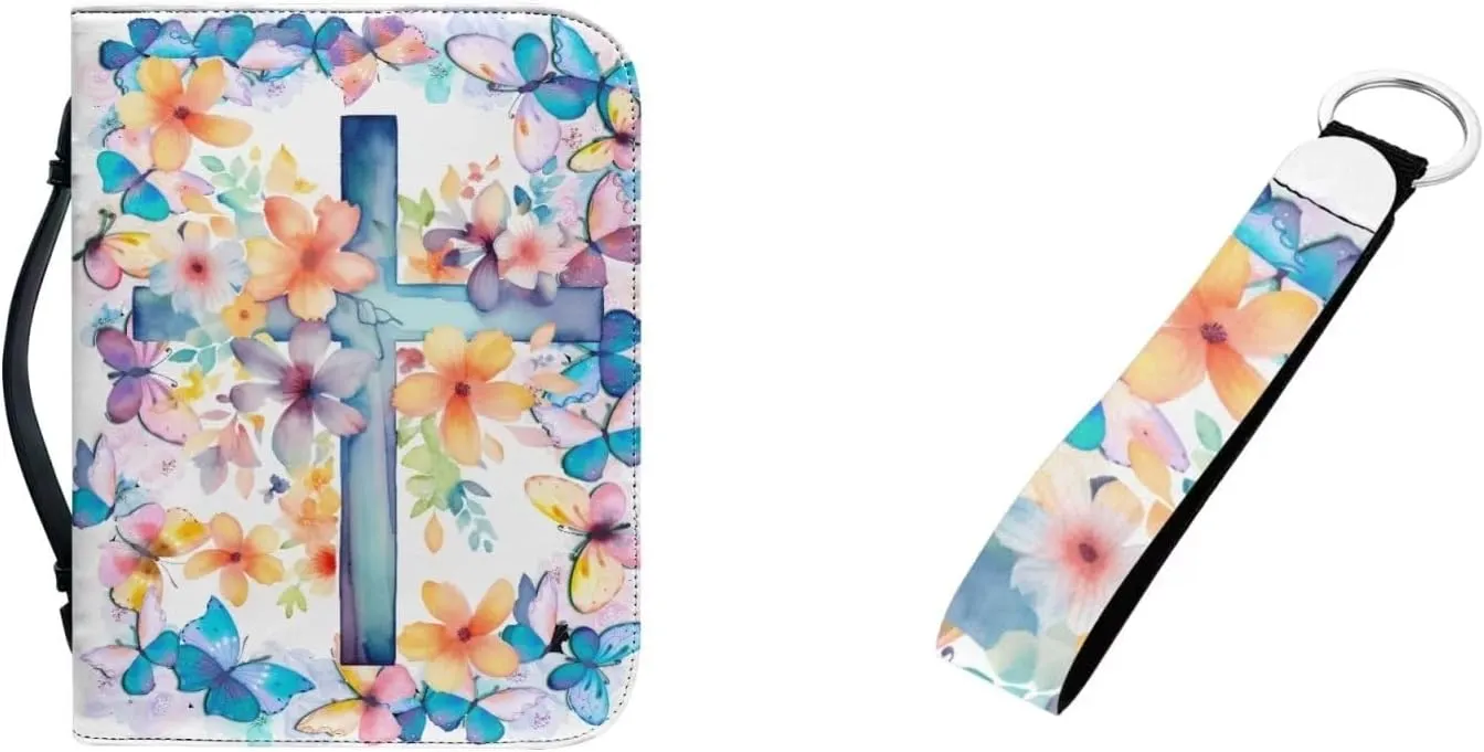 PU Leather Bible Cover Case for Women Colorful Flower Butterfly Cross Bible Bags with Keychain Makeup Organizer Bible Cover for Men Keychain 2 Pcs Set