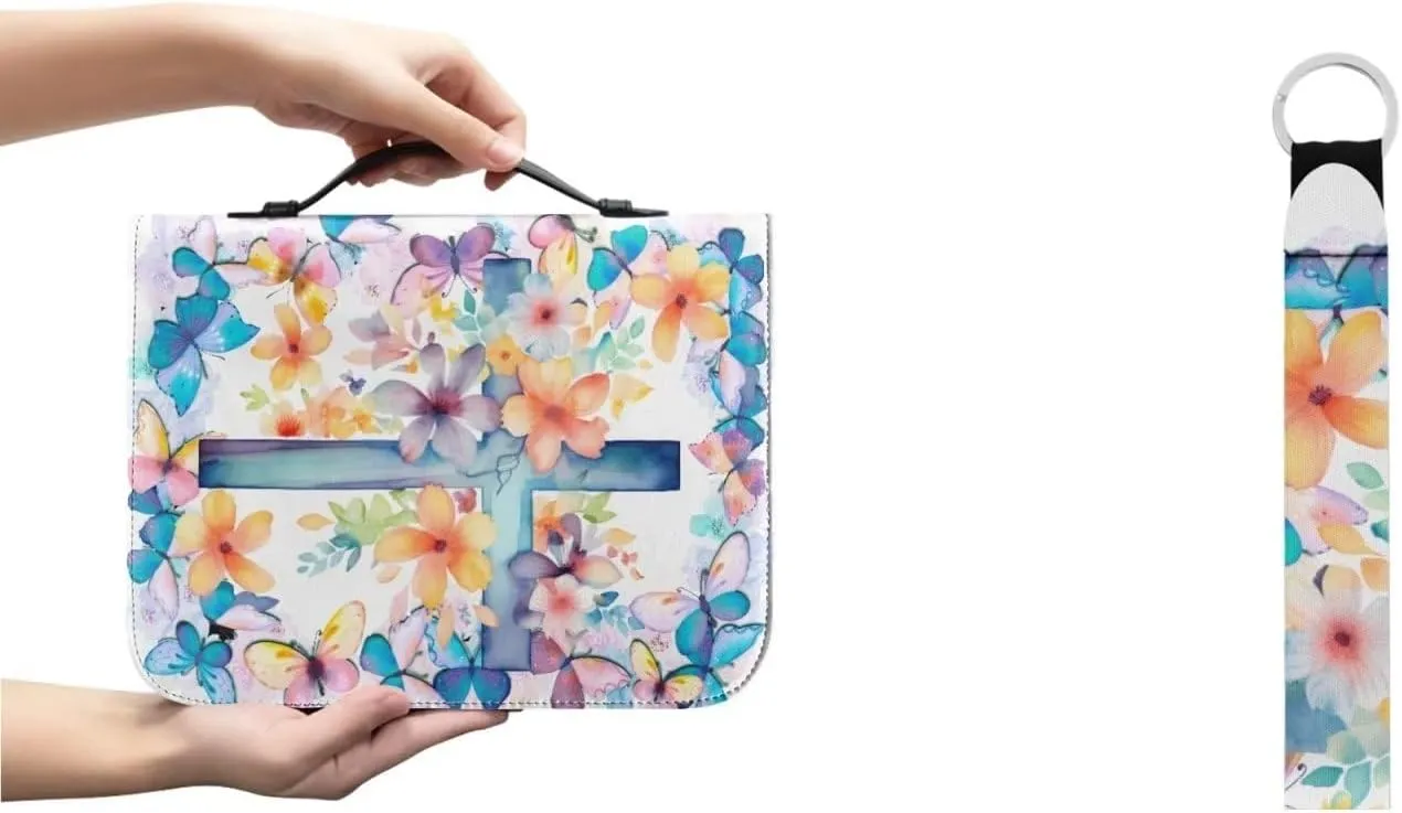 PU Leather Bible Cover Case for Women Colorful Flower Butterfly Cross Bible Bags with Keychain Makeup Organizer Bible Cover for Men Keychain 2 Pcs Set