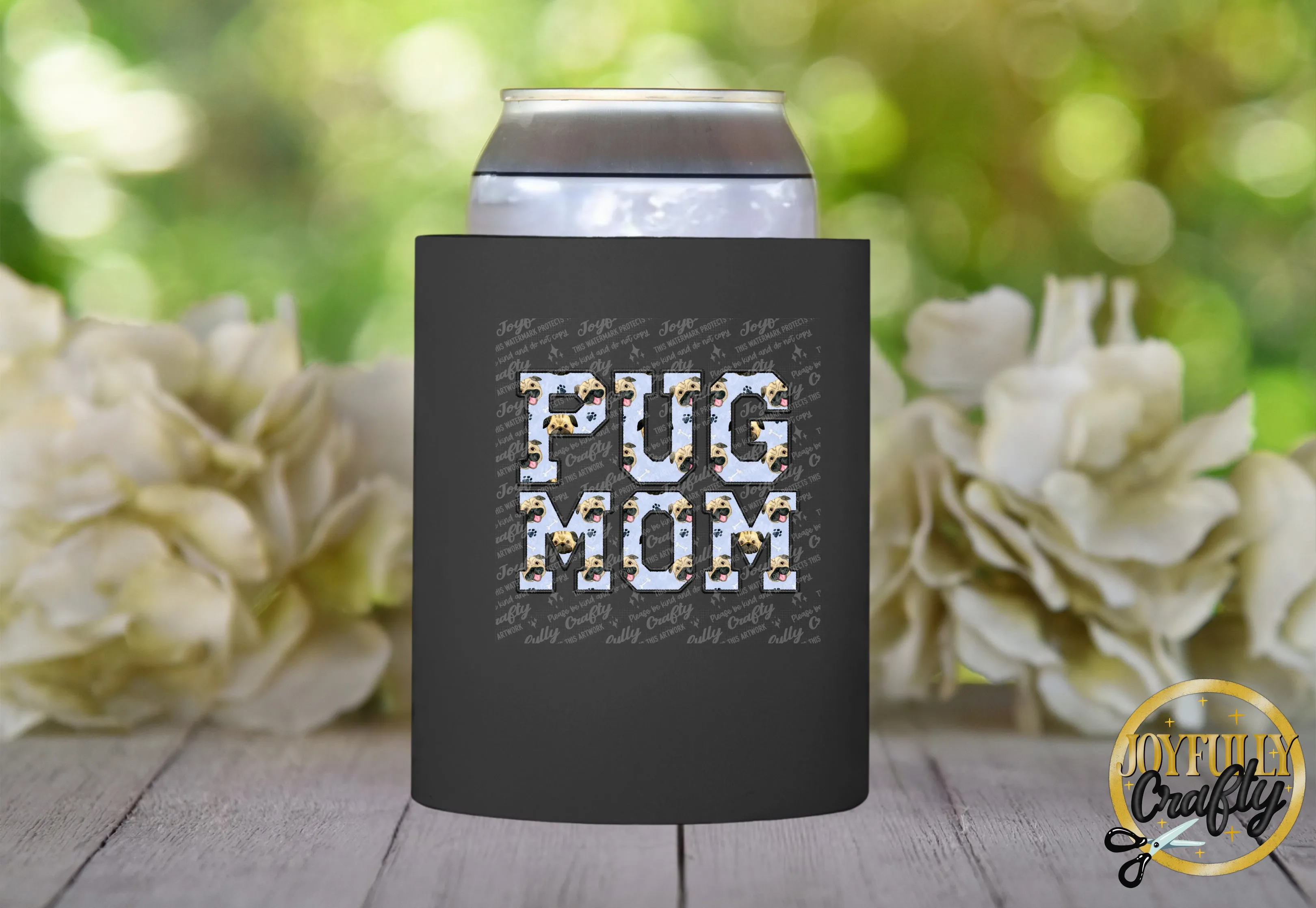 Pug Mom Faux Embroidered Can Koozie