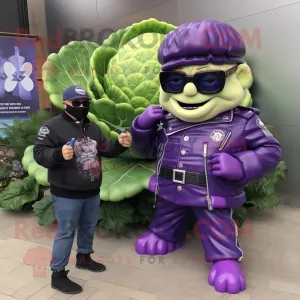 Purple Cabbage mascot costume character dressed with a Biker Jacket and Watches, Large