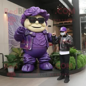 Purple Cabbage mascot costume character dressed with a Biker Jacket and Watches, Large